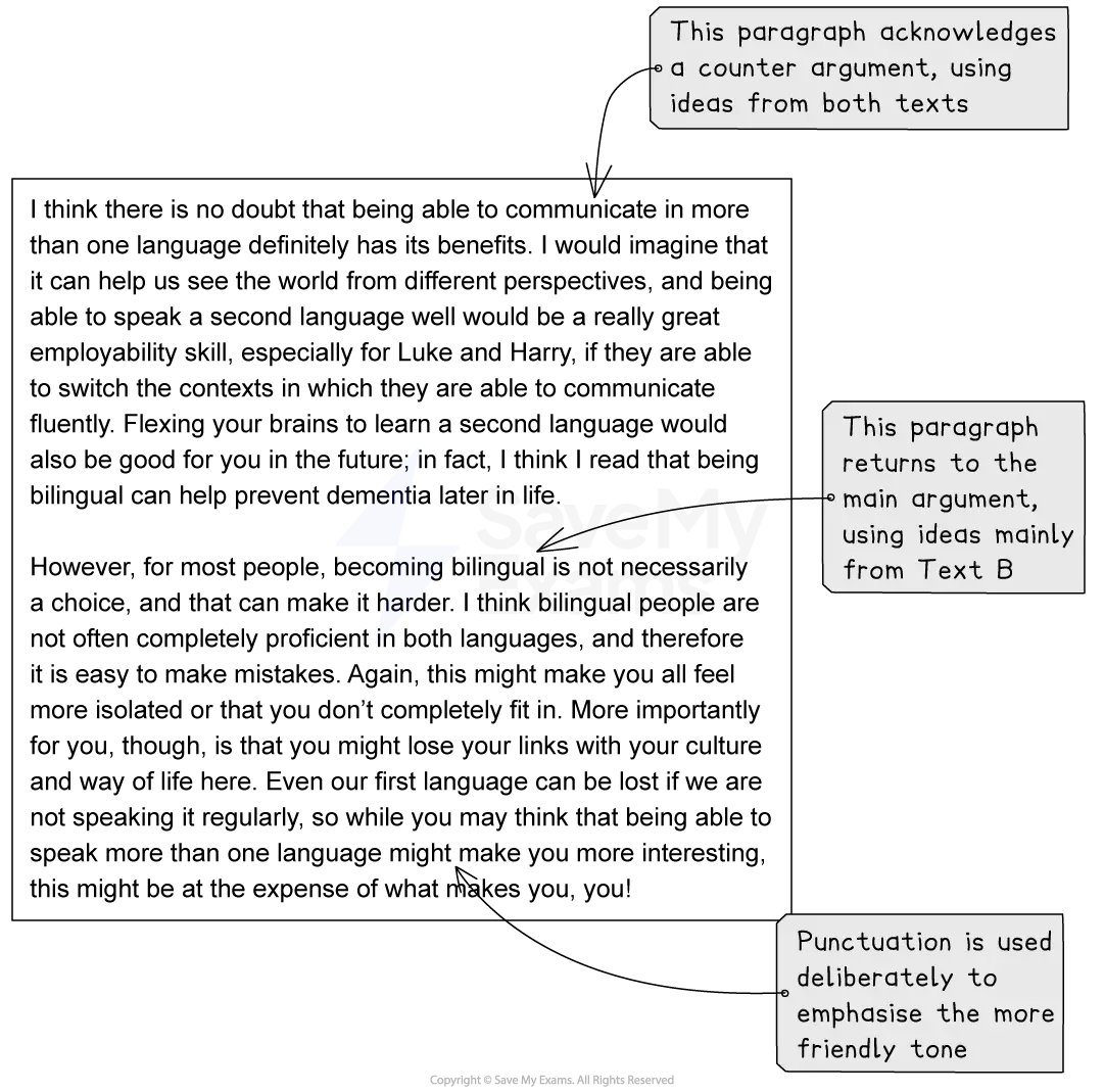 Annotated text discussing bilingualism's benefits and challenges, with arrows highlighting arguments and tone. Emphasises cognitive and social impacts.