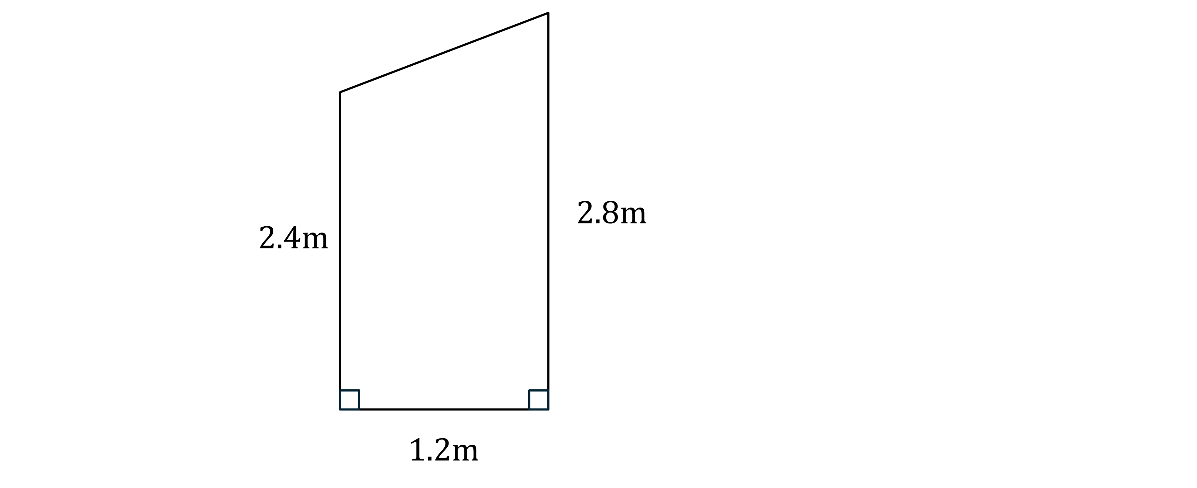 Diagram of a trapezium with labelled sides: 2.4m, 2.8m, and 1.2m at the base, showing two right angles at the base corners.