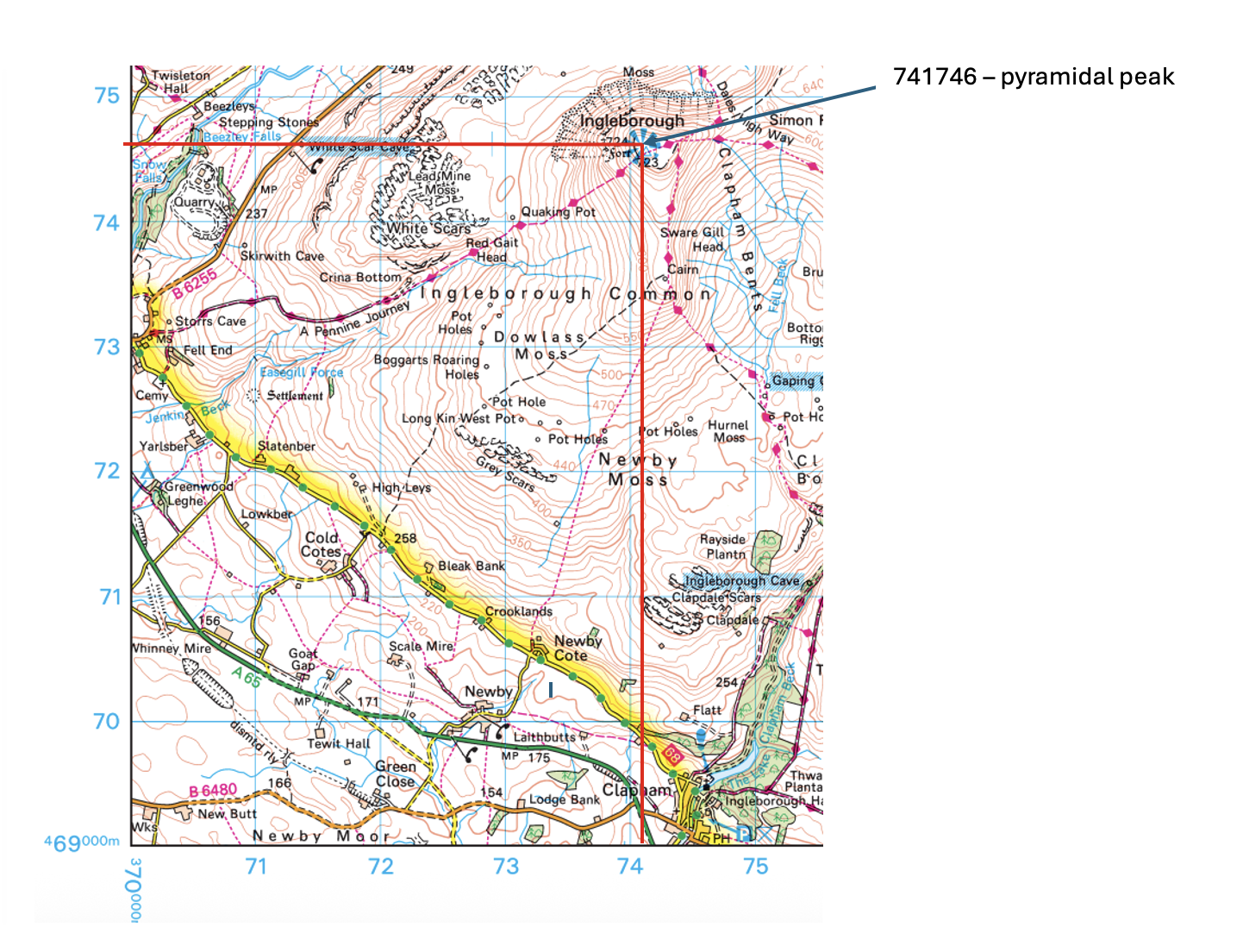 Topographic map section showing Ingleborough area with contour lines, paths, and landmarks. Highlight on pyramidal peak at grid reference 741746.