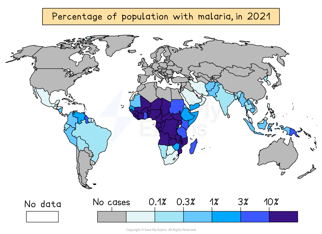 World map showing malaria prevalence in 2021. Darker blues indicate higher percentage, with Africa having the highest rates. Key provided below.