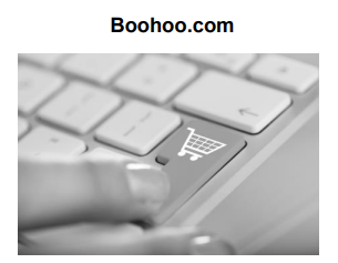 Close-up of a finger pressing a keyboard key with a shopping cart icon, under the text "Boohoo.com" in black on a white background.