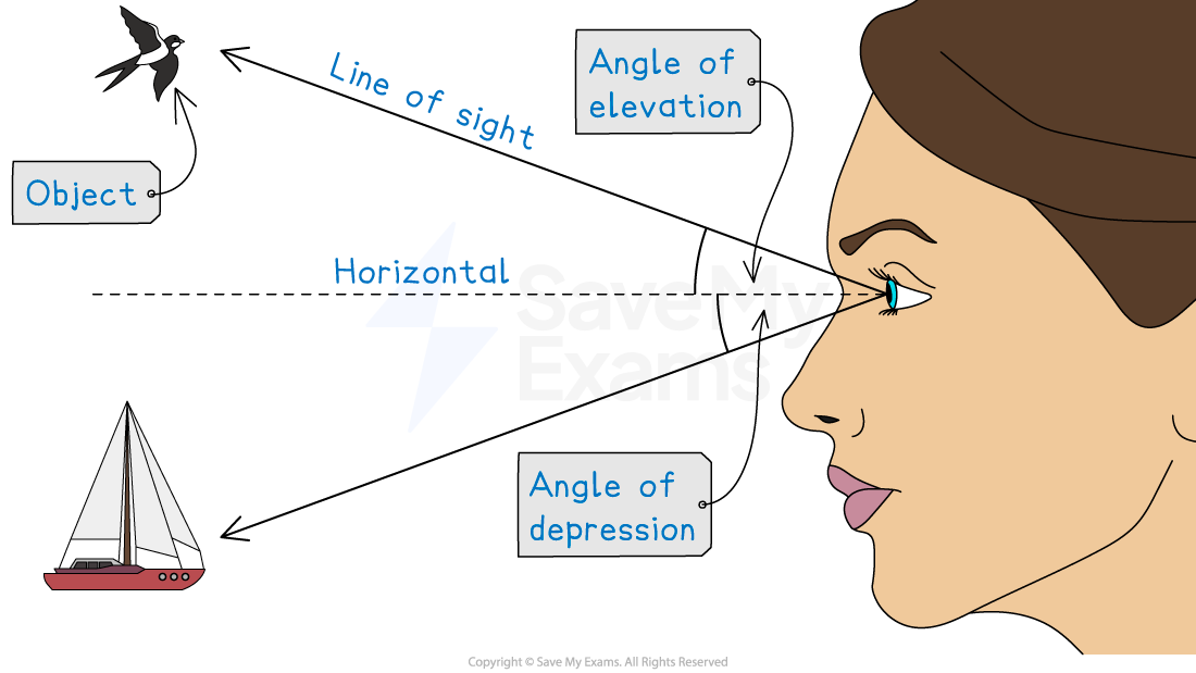 Diagram showing a person's face with a horizontal reference line at eye level. A diagonal line of sight pointing up towards a bird forms an angle of elevation and a line of sight pointing down towards a boat forms an angle of depression.
