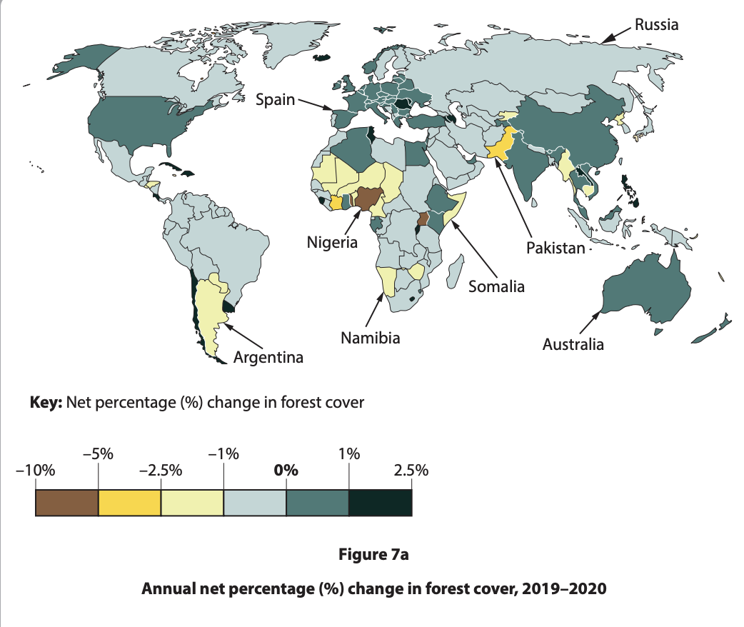 World map showing annual net percentage change in forest cover (2019-2020), with a key indicating changes from -10% to +2.5%. Highlighted countries include Spain, Nigeria, and Australia.