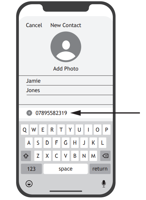 Smartphone screen showing a new contact form with fields for name and photo, and an arrow pointing to the 'Add' icon beside a phone number entry.