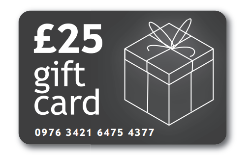 £25 gift card with a drawable gift box on a dark background featuring card number 0976 3421 6475 4377 in white text.