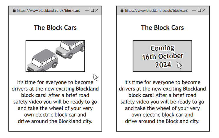 Two web page previews: Left shows a block car image, right shows a grey box with "Coming 16th October 2024." Both have identical descriptive text.