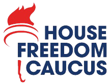 Red torch icon next to navy blue text reading "House Freedom Caucus" on a white background, symbolising political organisation and liberty.
