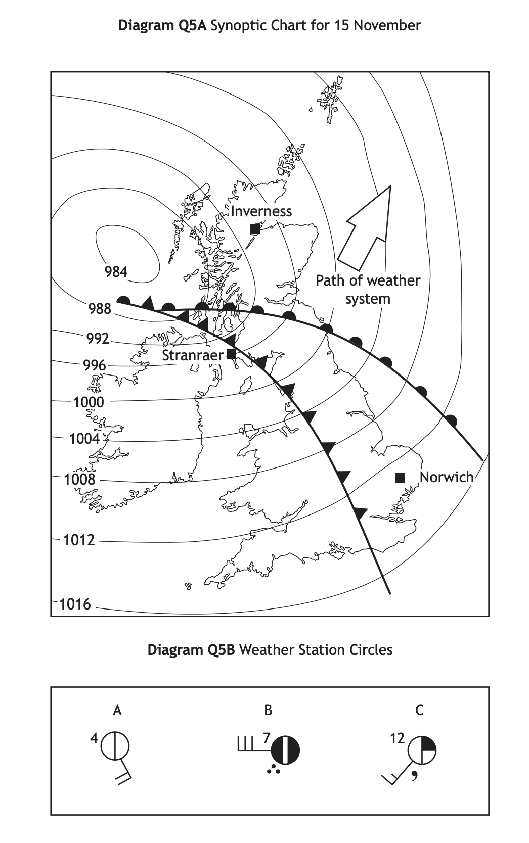 Weather map for 15 November showing isobars, fronts, and the path of a weather system across the UK, with weather station symbols for analysis.