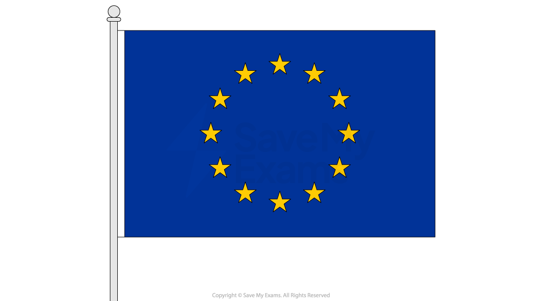 Blue flag with twelve gold stars in a circle, symbolising the European Union, fluttering on a silver flagpole against a white background.