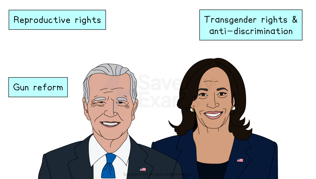 A man and woman stand side by side, facing forward. Text on the left reads: "Reproductive rights, Gun reform, Transgender rights & anti-discrimination."