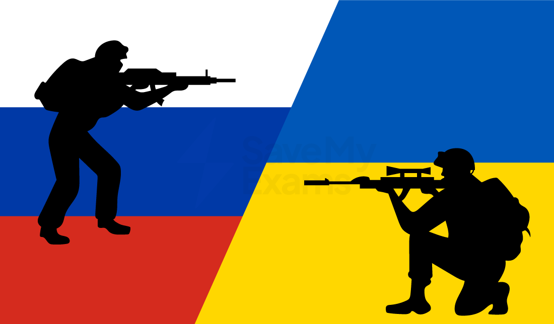 Silhouettes of armed soldiers face each other, separated by barbed wire. Background shows Russia's flag on the left and Ukraine's flag on the right.