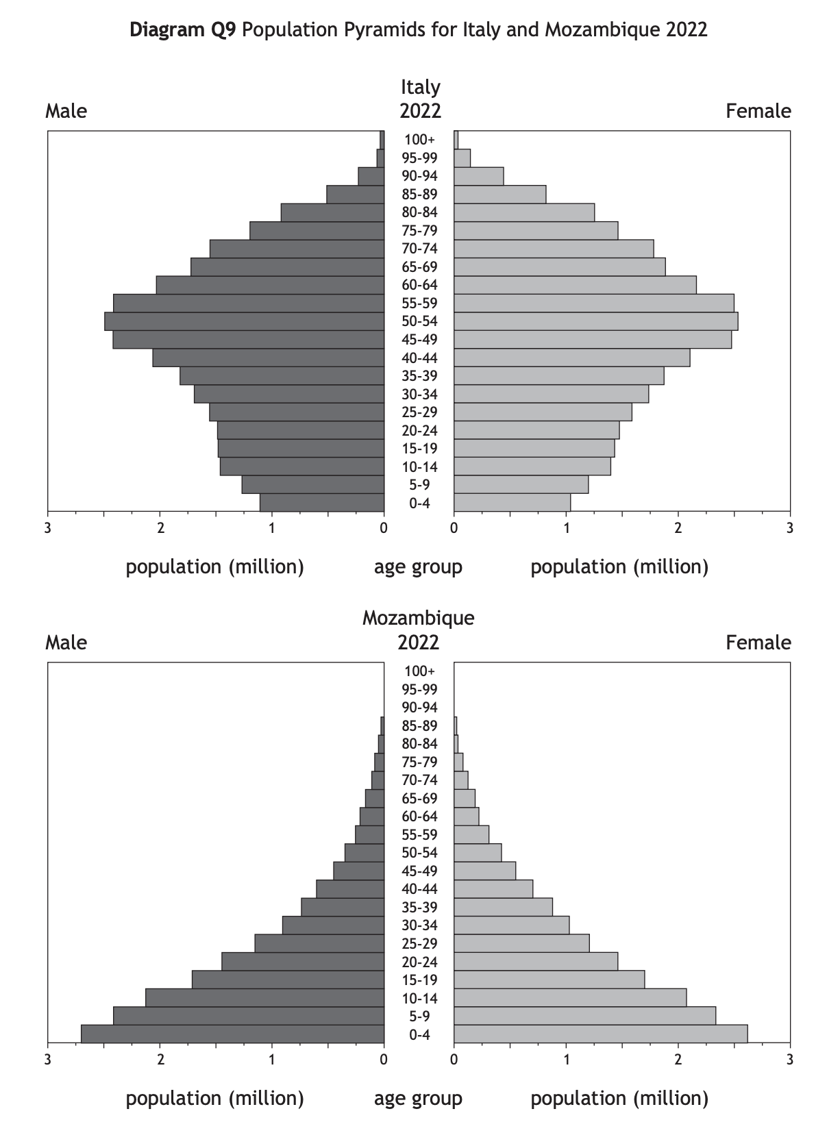 Population pyramids for Italy and Mozambique in 2022. Italy shows an older population structure, while Mozambique displays a youthful population.