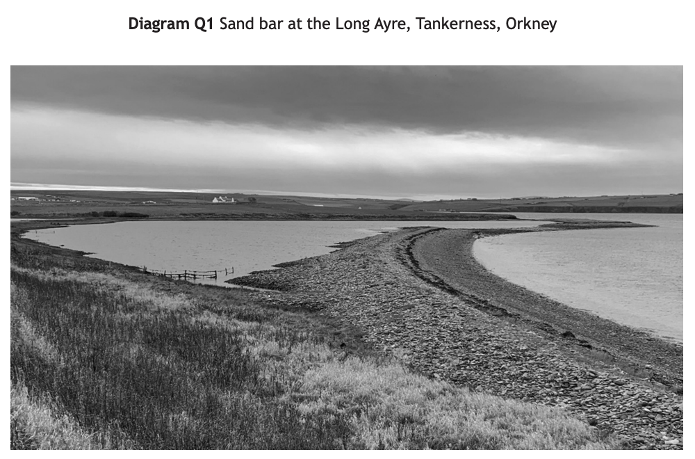A black and white image of a sand bar at Long Ayre, Tankerness, Orkney, with rocky shoreline, calm water, and cloudy sky. Distant buildings are visible.