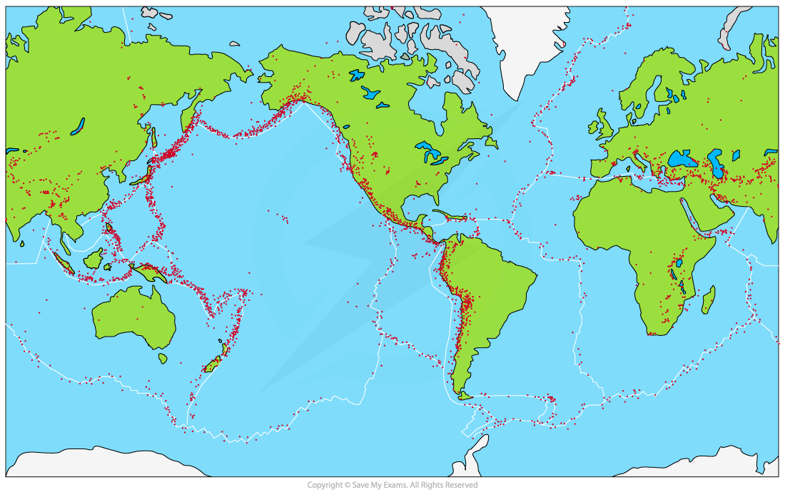 World map showing tectonic plate boundaries and earthquake distribution with red dots. Landmasses are green, oceans are blue.