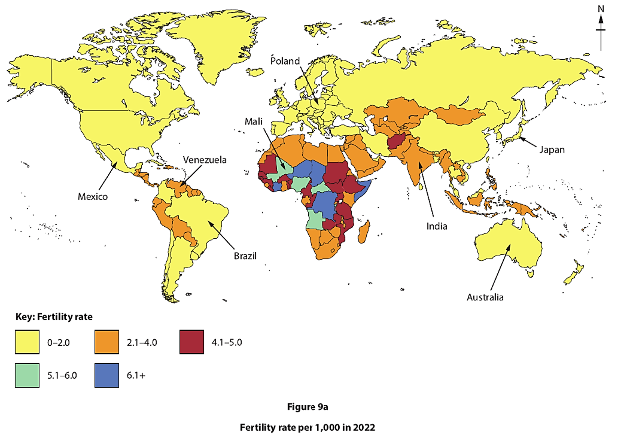 World map showing fertility rates per country in 2022, coloured from yellow (0-2) to blue (6+); key regions like Africa have higher rates.