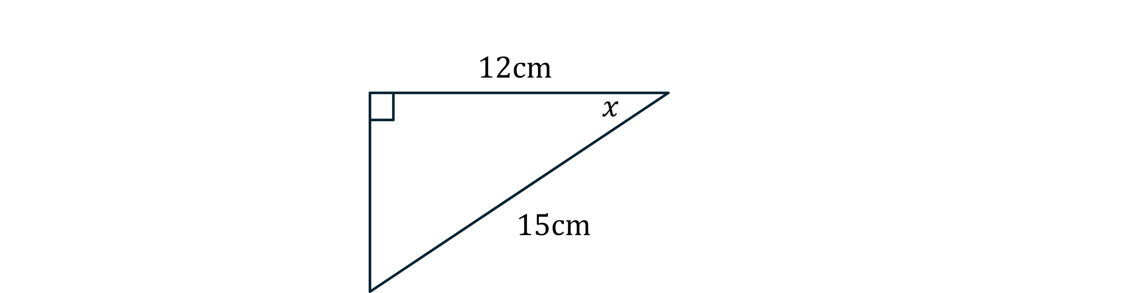 Right-angled triangle with a side of 12 cm next to an angle labelled x and 15 as the hypotenuse.