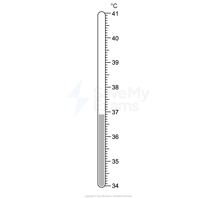 Vertical thermometer showing temperature around 36°C, with red mercury column indicating level, marked scale from 34°C to 41°C on the right side.