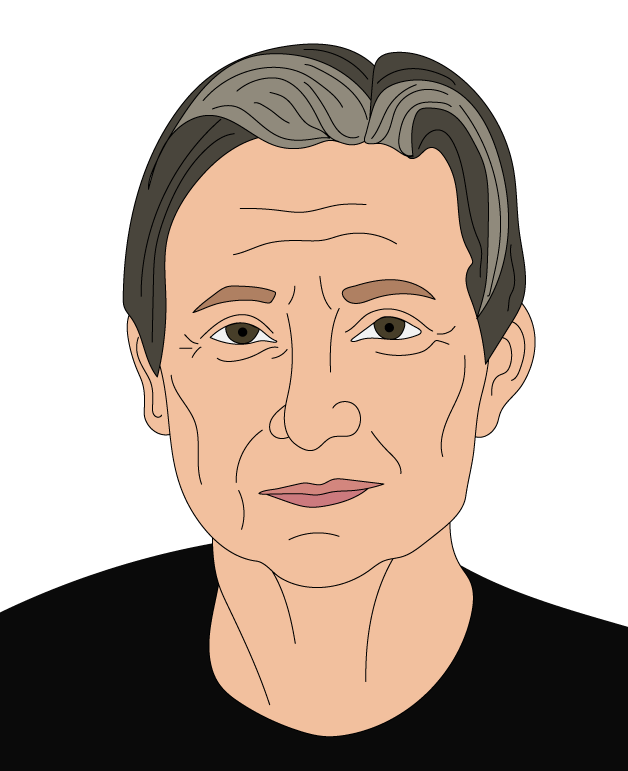 Person with short grey hair and a serious expression, wearing a dark shirt. The background is plain white.