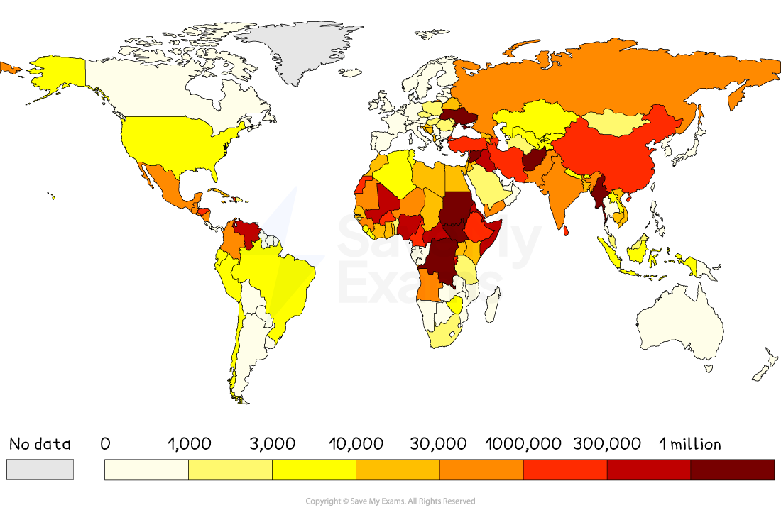 World map showing refugees by country of origin with varying shades from light to dark red, indicating population sizes from 1,000 to 1 million.