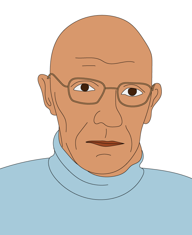 Bald man with glasses wearing a light blue turtleneck, looking directly at the camera against a plain white background.