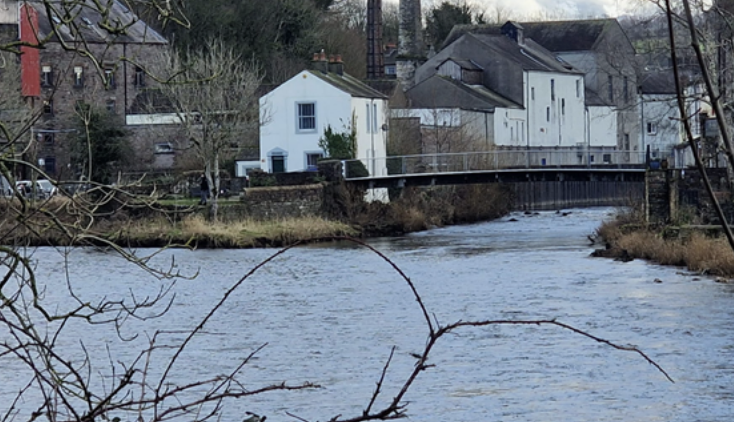 Riverside view featuring a bridge, surrounded by leafless trees in winter, with historic buildings on the bank, including a white house and brown structures.
