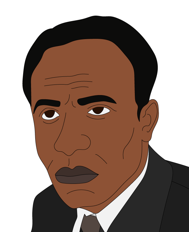 Black and white portrait of a man wearing a suit and tie, looking slightly to the left. The image focuses on his face with a neutral expression.