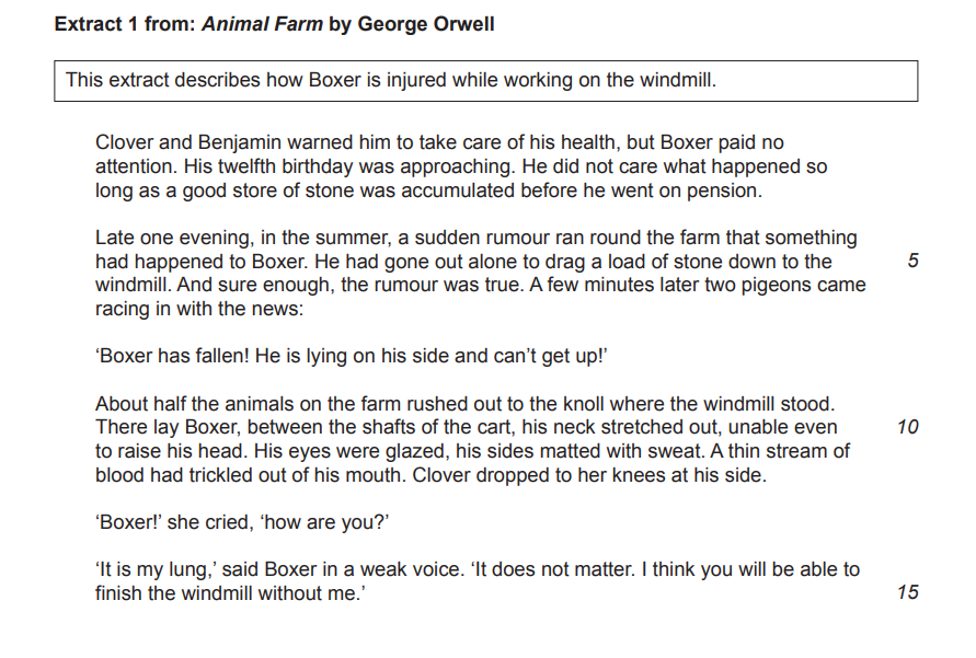 "Text from Animal Farm by George Orwell about Boxer collapsing while working on the windmill; animals rush to help him as he lies injured on the ground."
