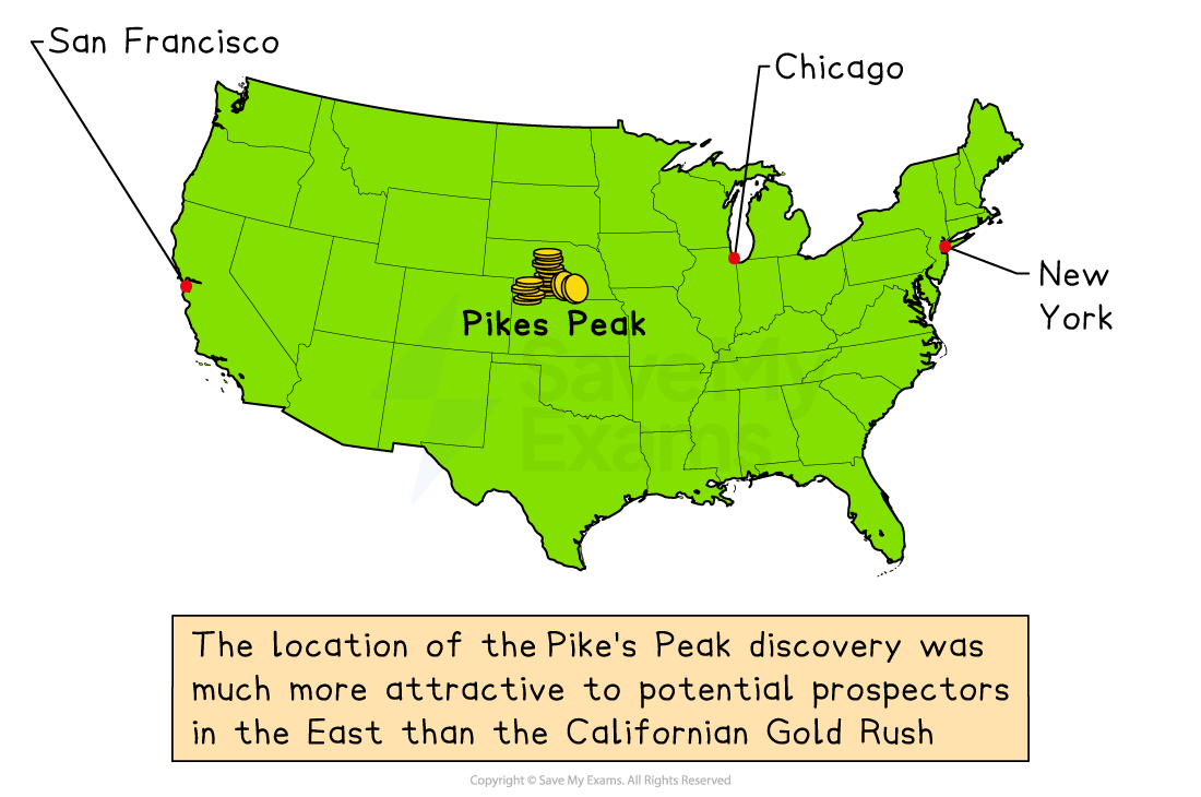 Map of the US highlighting Pikes Peak with a stack of coins, and showing San Francisco, Chicago, New York. Text notes Pikes Peak's appeal over California's Gold Rush.