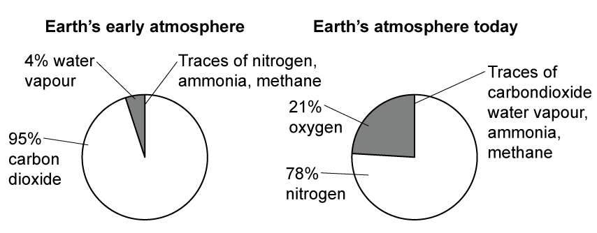Two pie charts compare Earth's early atmosphere, with 95% carbon dioxide, 4% water vapour, to today's with 78% nitrogen, 21% oxygen.