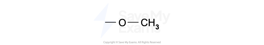 Chemical structure showing a methoxy group with an oxygen atom linked to a methyl group represented by O–CH3 on a white background.
