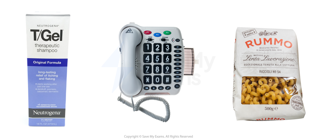 Neutrogena T/Gel shampoo, a large-button telephone with a corded handset, and a 500g pack of Rummo riccioli pasta are displayed side by side.