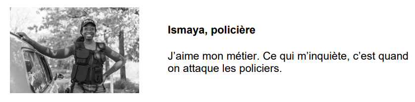 Female police officer smiling in uniform, standing beside a car with trees in the background. Text in French expresses concern for police safety.