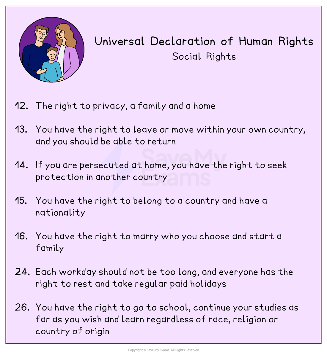 Universal Declaration of Human Rights: Social Rights. Lists rights including privacy, nationality, marriage, work conditions, and education. Features family icon.