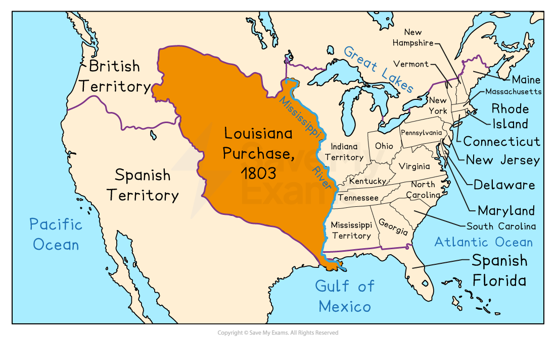 Map showing the 1803 Louisiana Purchase in orange, surrounded by British and Spanish territories, highlighting the Mississippi River and adjacent states.