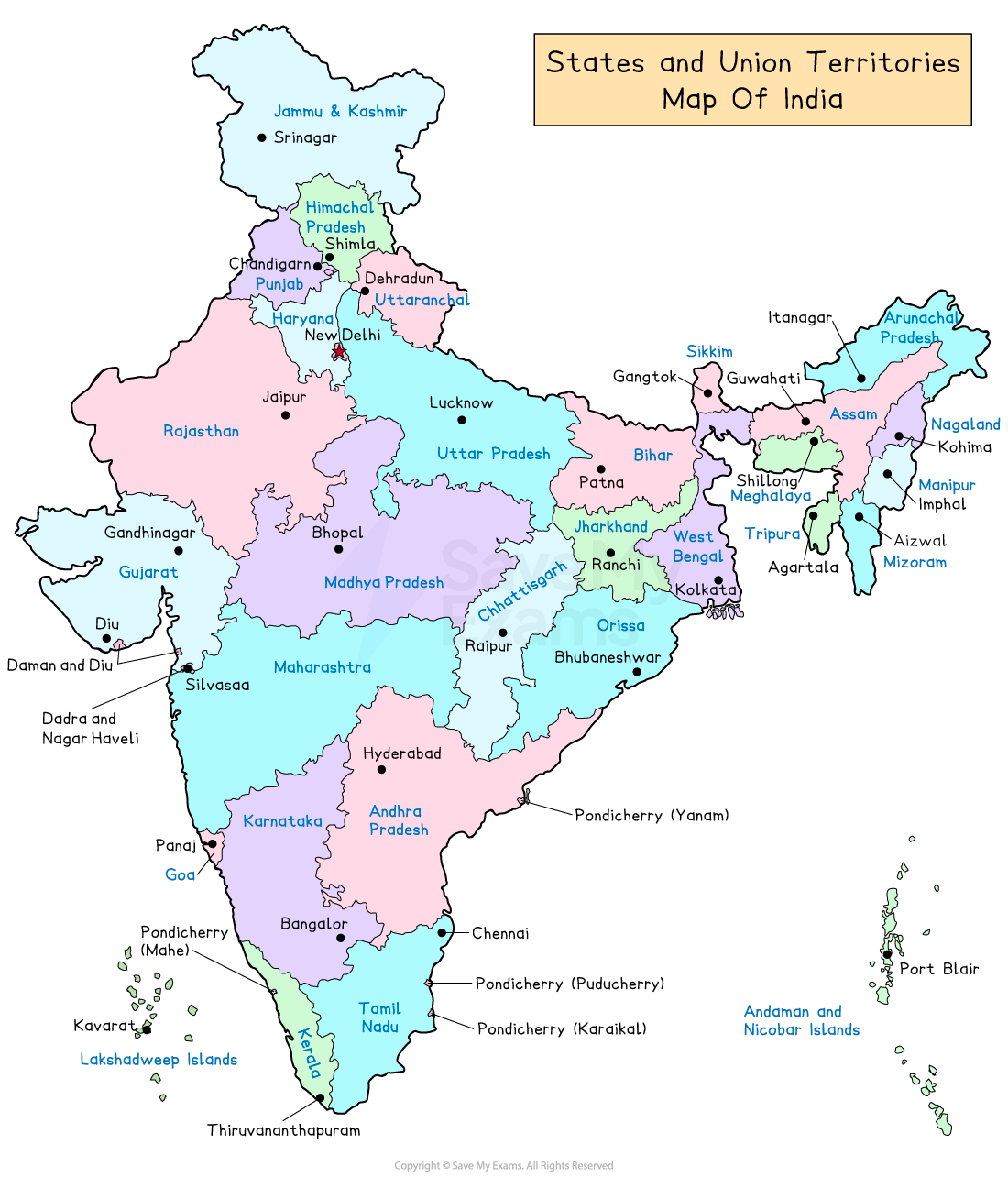 Map of India showing states and union territories with capitals. New Delhi is marked as the national capital. Different colours distinguish regions.
