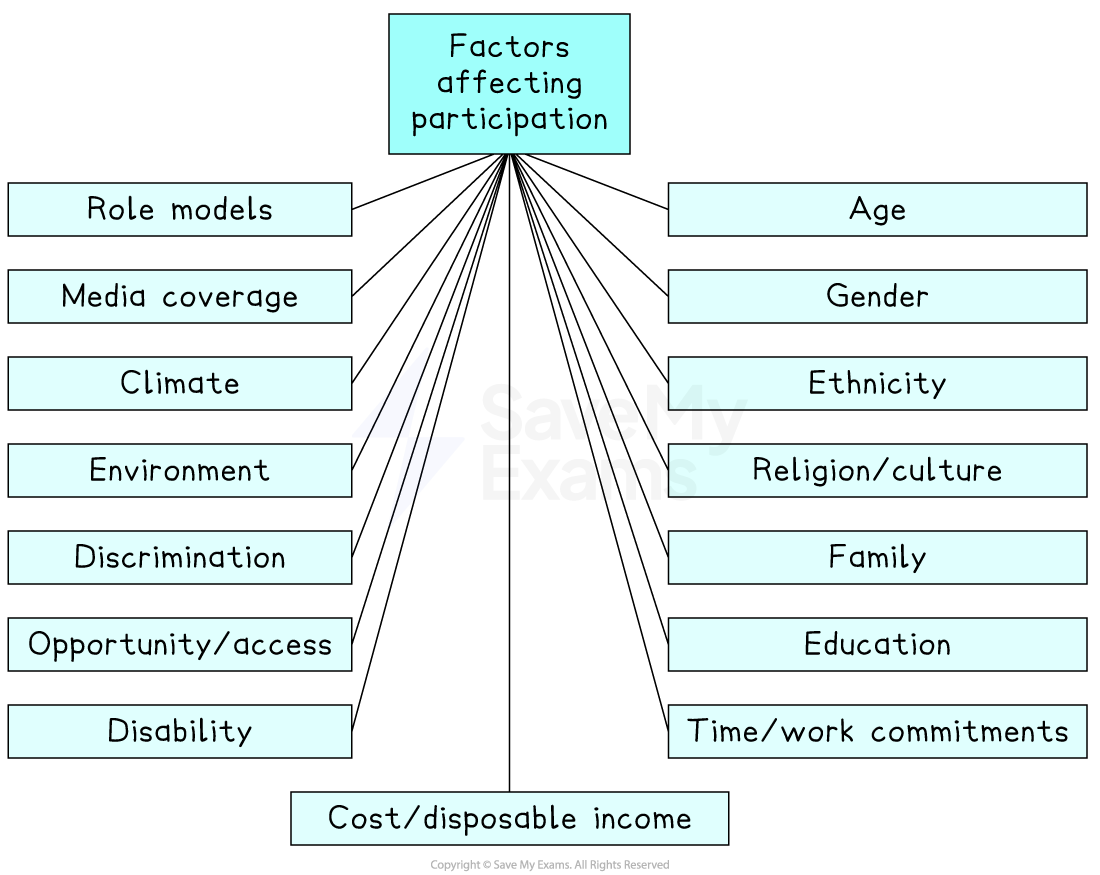 Diagram showing factors affecting participation, including age, gender, ethnicity, culture, family, education, income, time, disability, access, discrimination, environment, climate, media, and role models.