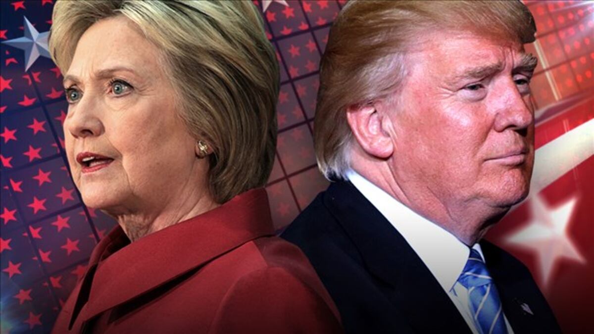 Split image of two individuals facing opposite directions against a backdrop of red and blue stars and stripes.