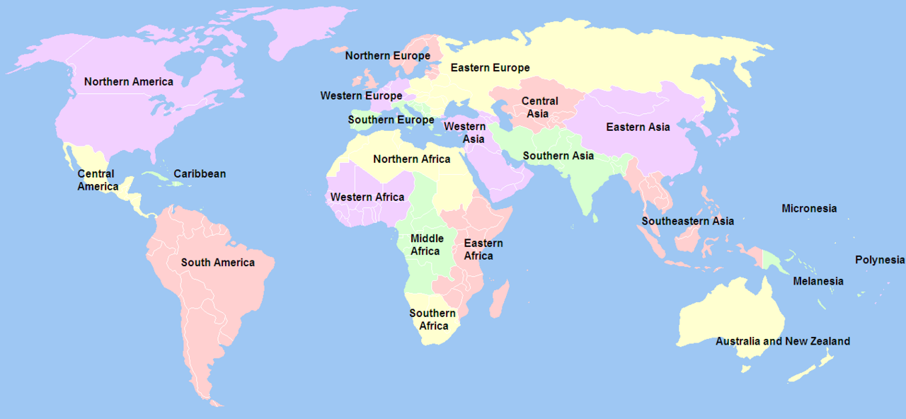 World map highlighting regions: Americas, Europe, Asia, Africa, Oceania. Regions include Northern Europe, Eastern Asia, Southern Africa, and others.