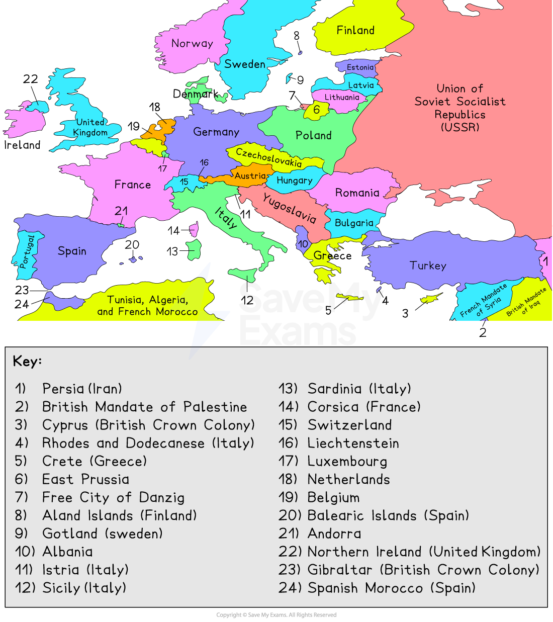 Map of Europe from 1929 to 1939, with countries labelled and coloured. Includes a legend listing regions such as Persia, Albania, and Luxembourg.