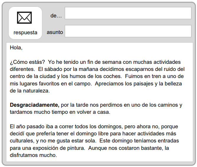 Email screenshot in Spanish with header fields and a message about weekend activities, nature escape, getting lost, and attending a painting exhibition.