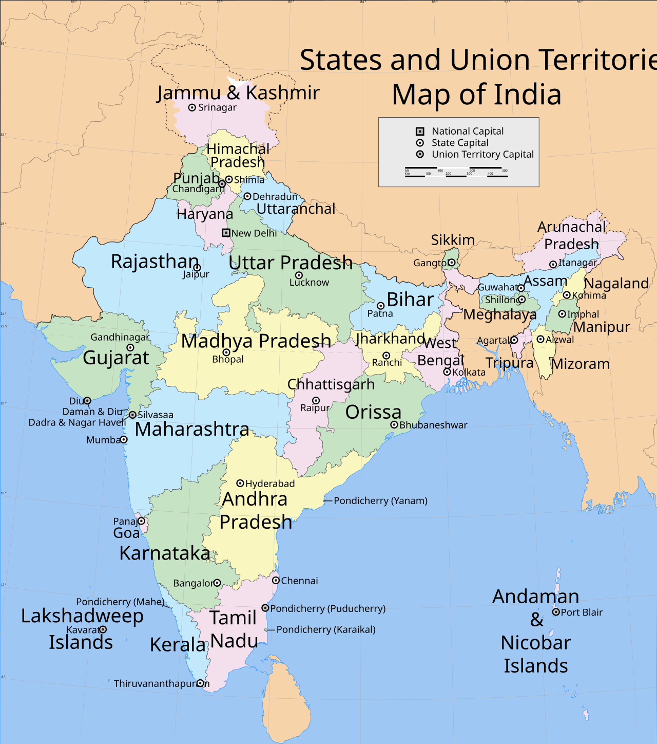 Map of India showing states and union territories with capitals. New Delhi is marked as the national capital. Different colours distinguish regions.