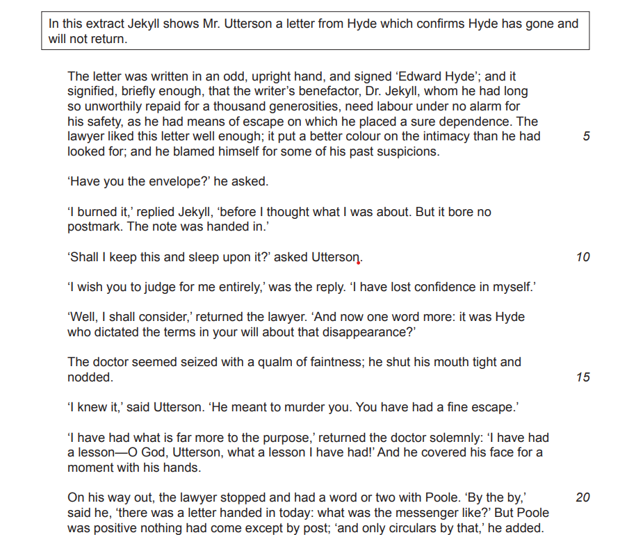 Text from "The Strange Case of Dr Jekyll and Mr Hyde" showing Utterson discussing a letter from Hyde indicating Hyde's departure.