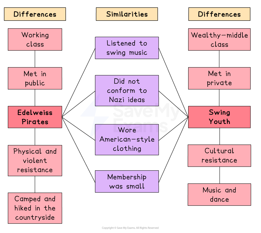 Diagram comparing Edelweiss Pirates and Swing Youth, showing their differences and similarities in class, meeting style, resistance type, and interests.