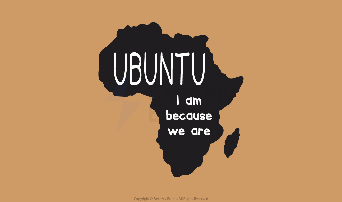 African map silhouette with "Ubuntu: I am because we are" text, surrounded by colourful geometric patterns on a wooden background.