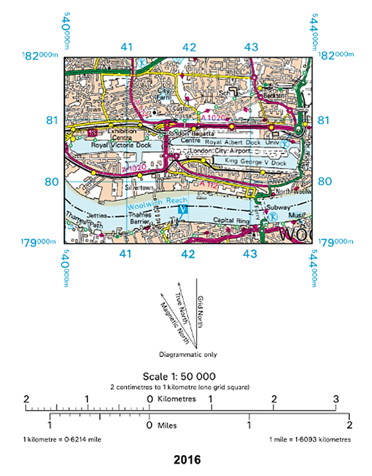 A map showing the Royal Victoria Dock area, London, in 2016, with roads, landmarks, and the Thames; it includes scale, grid references, and orientation indicators.