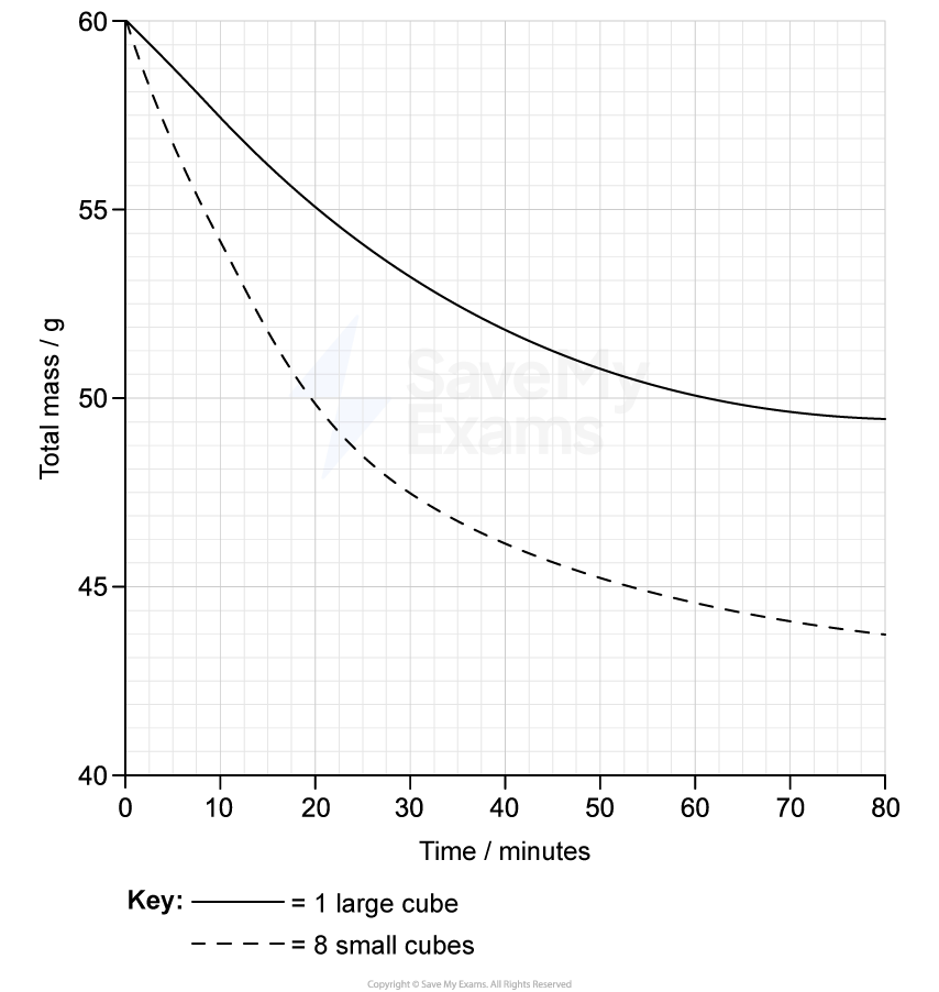 Graph showing the decrease in total mass over 80 minutes. Solid line: 1 large cube; dashed line: 8 small cubes, with steeper decline.