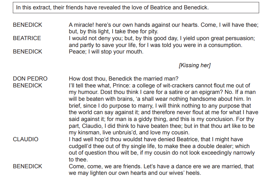 Dialogue from "Much Ado About Nothing," featuring Beatrice and Benedick’s love revealed through witty exchanges and humour, concluding with a dance suggestion.