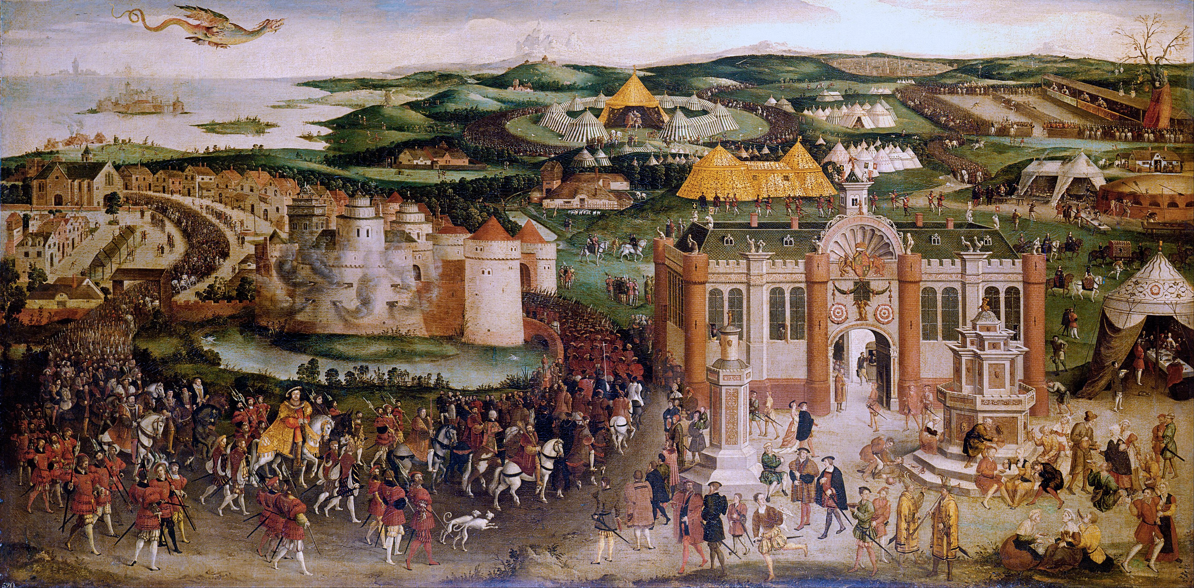 A historical scene depicts a busy royal procession with a diverse crowd, elaborate buildings, and tents in a lush landscape by the sea, under a flying dragon.
