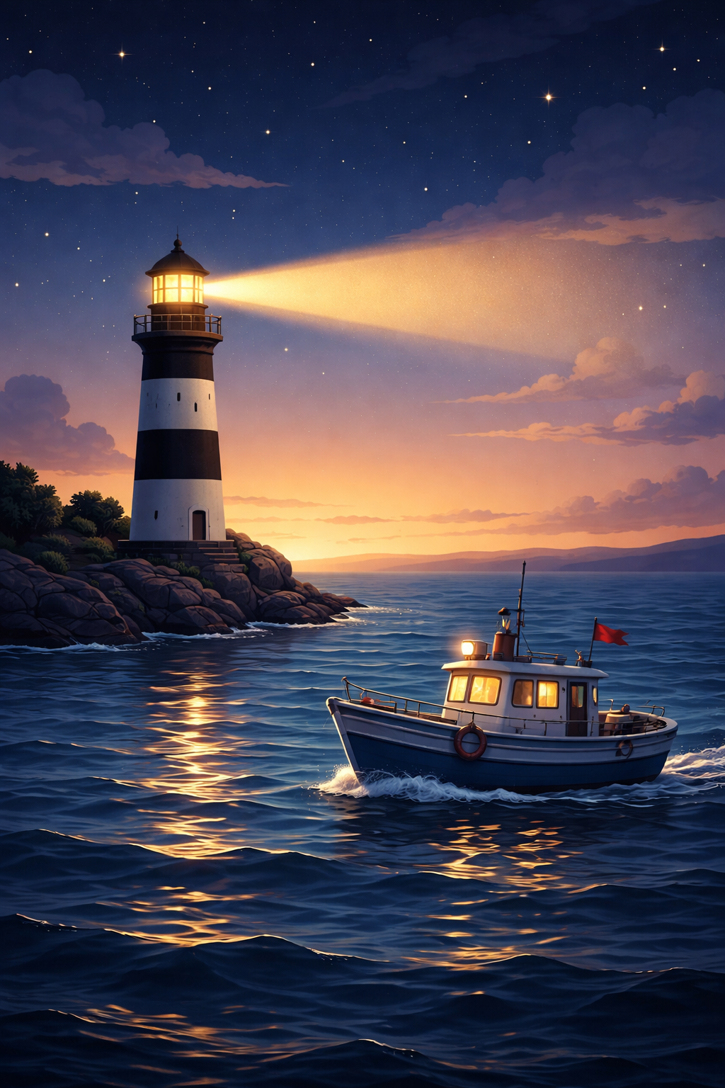 A fishing boat in front of a lighthouse