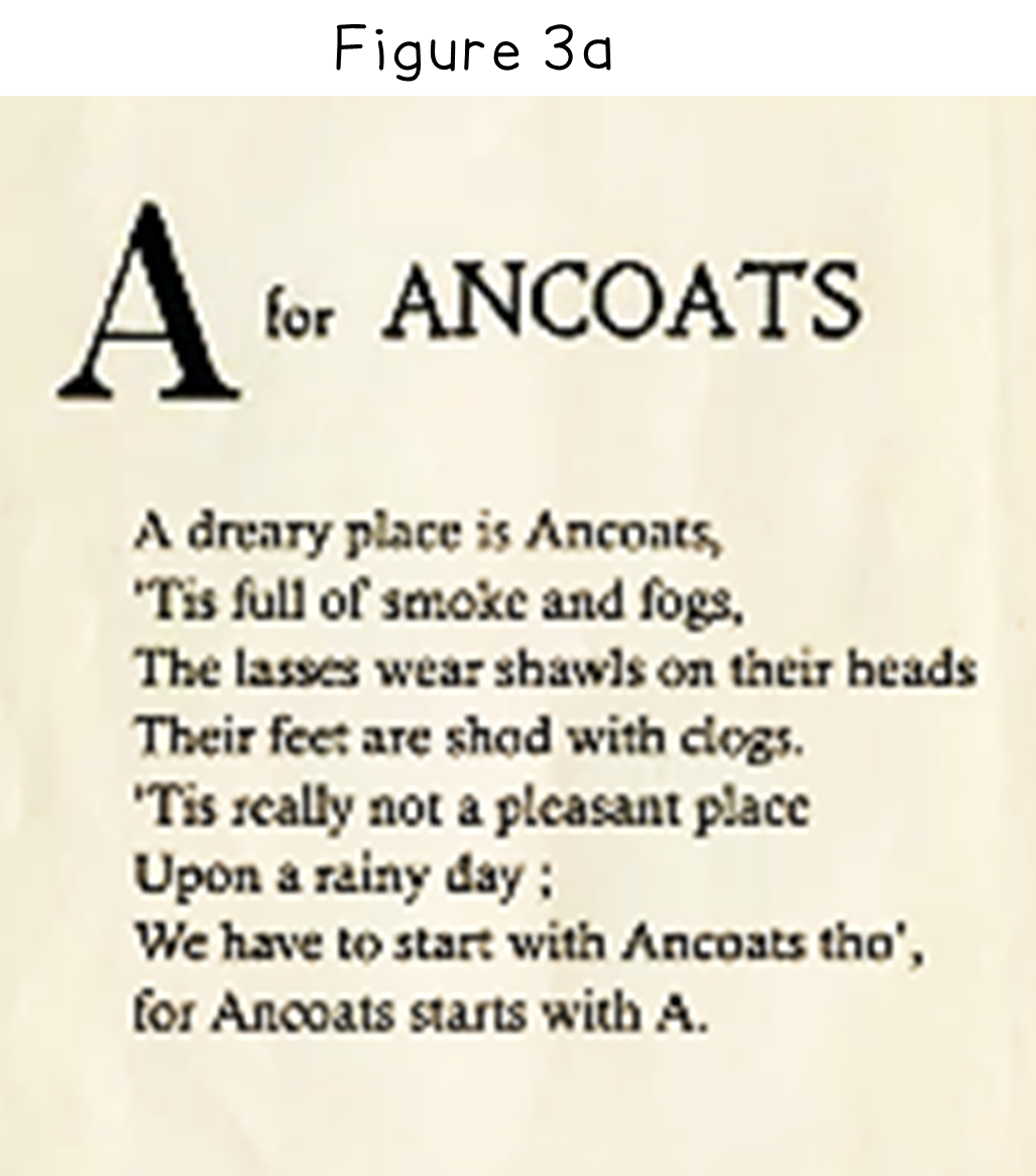 Text from "A for Ancoats": A dreary place is Ancoats, full of smoke and fogs. Lasses wear shawls and clogs. It's not pleasant, but Ancoats starts with A.